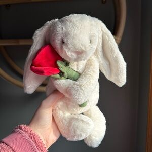 Jellycat Bashful Cream Bunny with Red Rose
